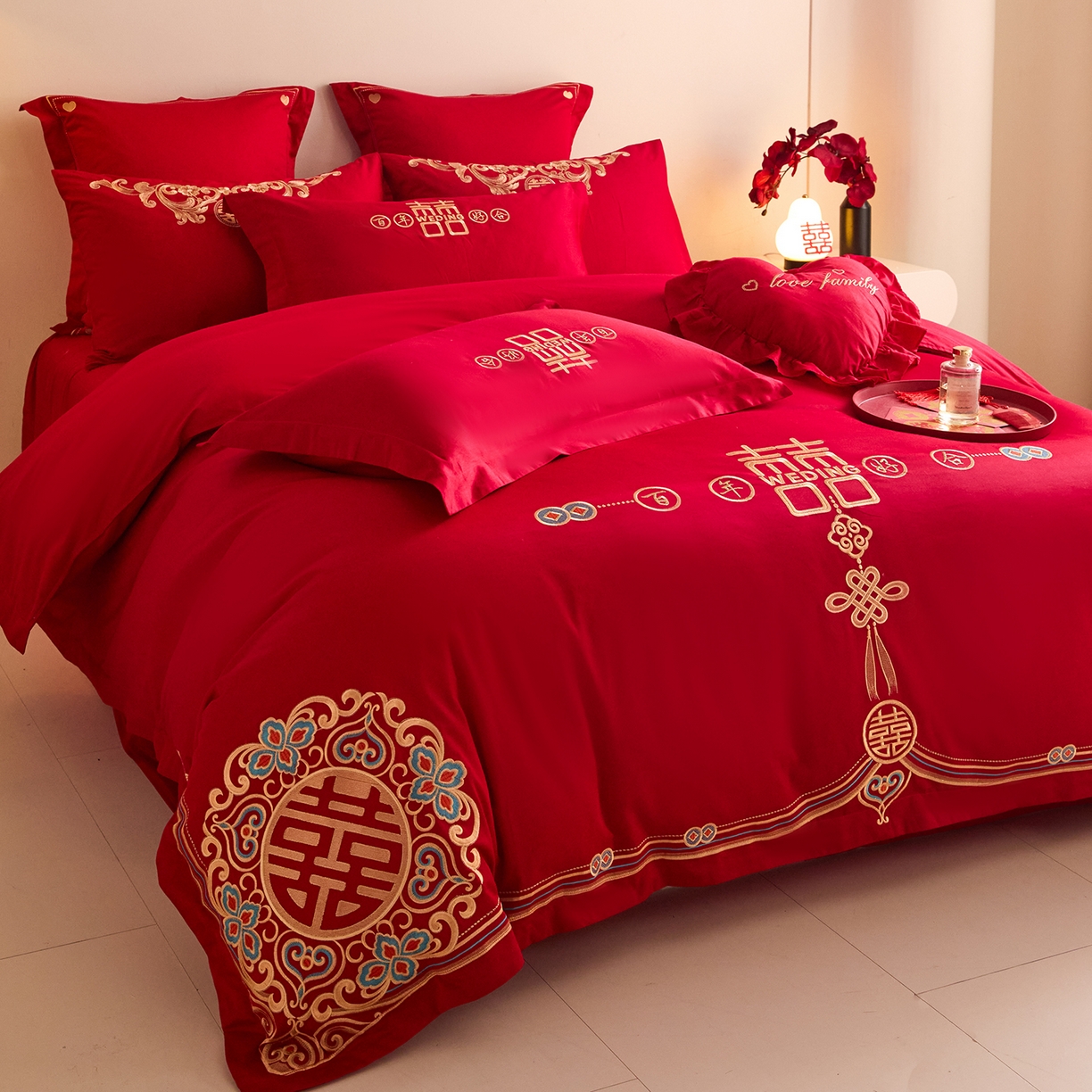 91家纺网 家纺一手货源 找家纺 东方合美（原：皇家传奇） 2025新款长绒棉纯棉婚庆刺绣小红书系列四件套 皇家喜事