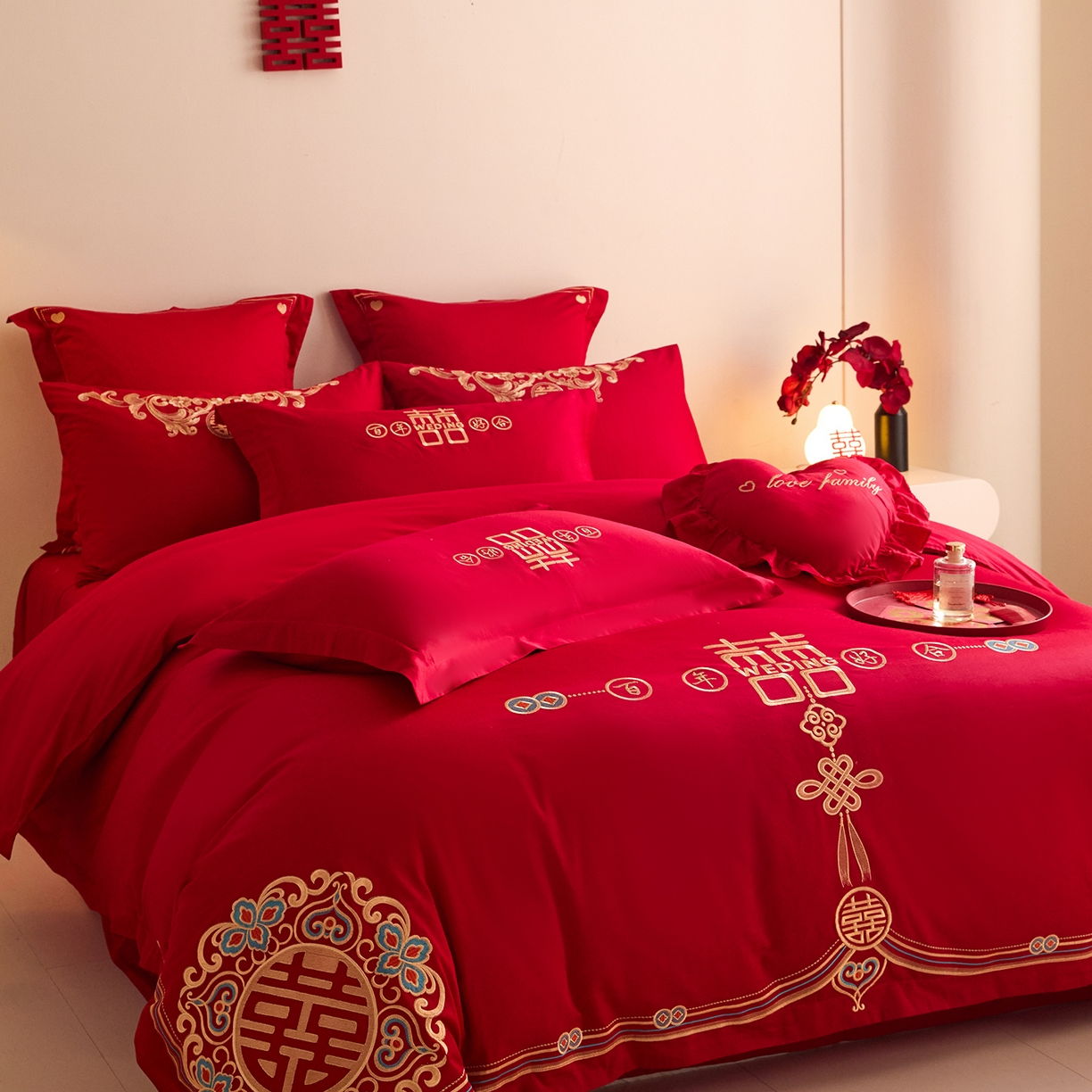91家纺网 家纺一手货源 找家纺 东方合美（原：皇家传奇） 2025新款长绒棉纯棉婚庆刺绣小红书系列四件套 皇家喜事