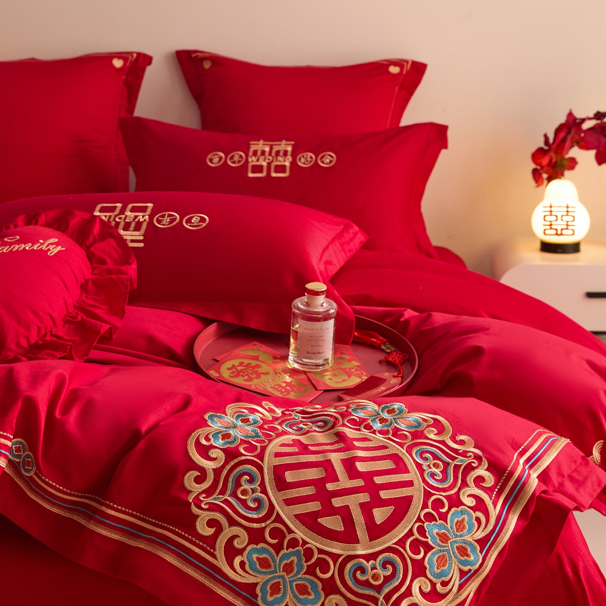 91家纺网 家纺一手货源 找家纺 东方合美（原：皇家传奇） 2025新款长绒棉纯棉婚庆刺绣小红书系列四件套 皇家喜事