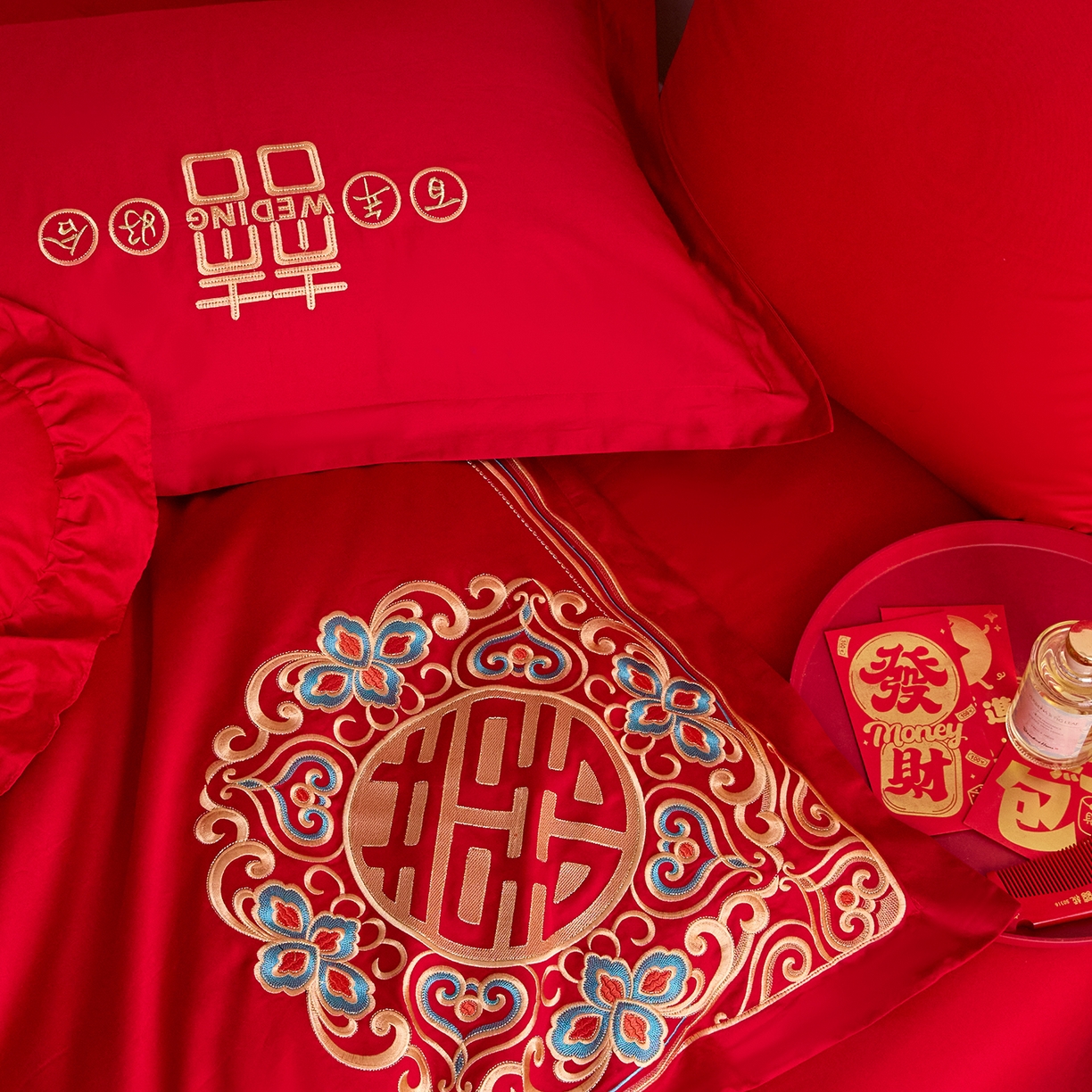 91家纺网 家纺一手货源 找家纺 东方合美（原：皇家传奇） 2025新款长绒棉纯棉婚庆刺绣小红书系列四件套 皇家喜事