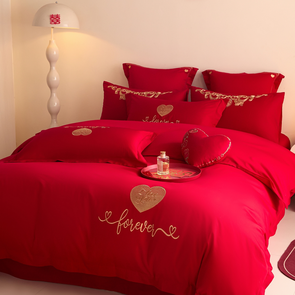 91家纺网 家纺一手货源 找家纺 东方合美（原：皇家传奇） 2025新款长绒棉纯棉婚庆刺绣小红书系列四件套 结婚了