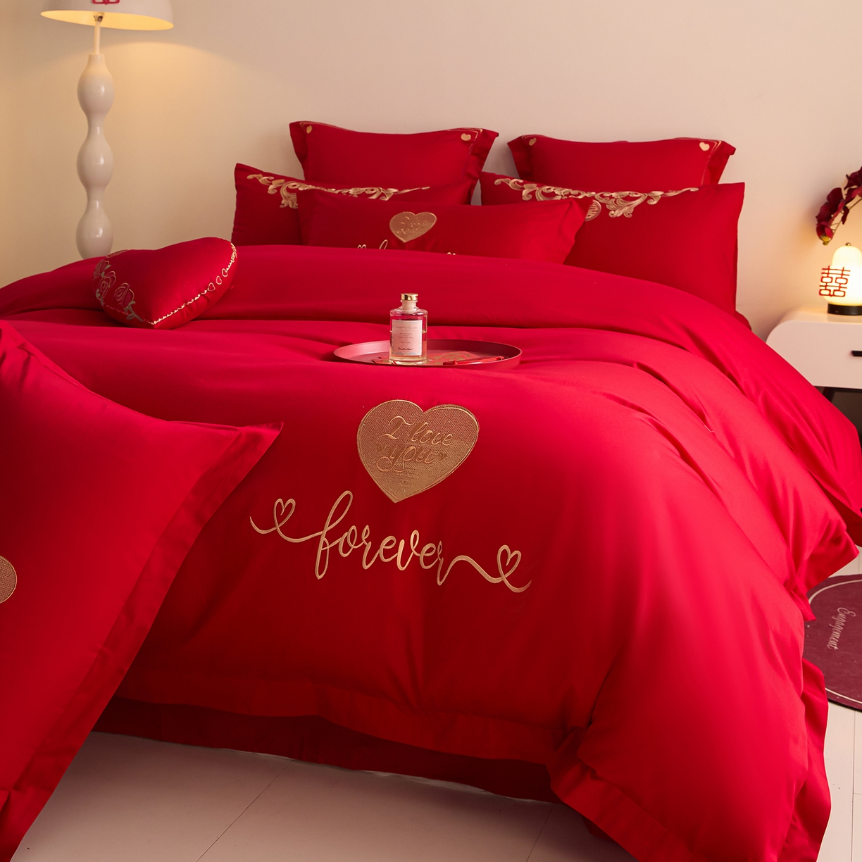 91家纺网 家纺一手货源 找家纺 东方合美（原：皇家传奇） 2025新款长绒棉纯棉婚庆刺绣小红书系列四件套 结婚了