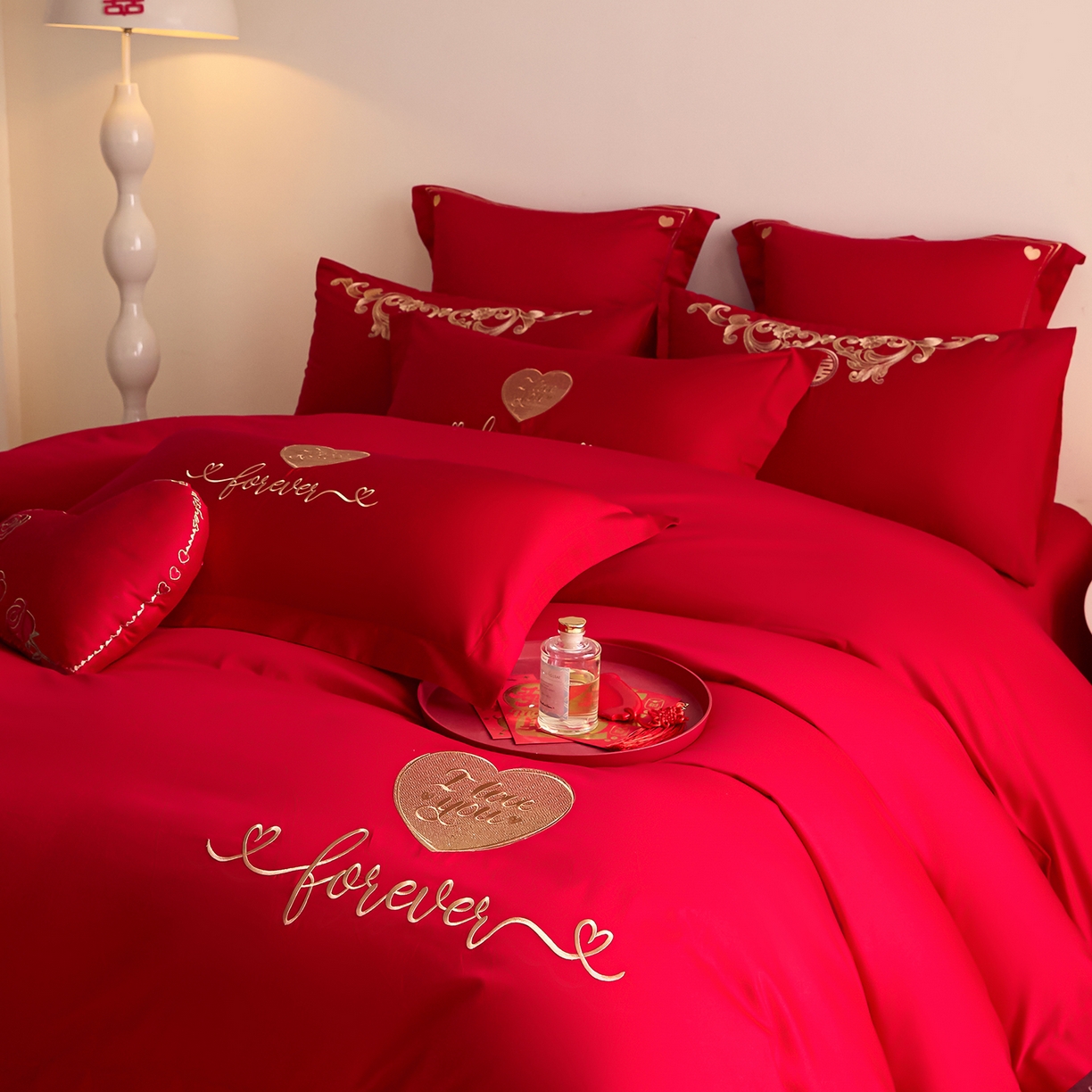 91家纺网 家纺一手货源 找家纺 东方合美（原：皇家传奇） 2025新款长绒棉纯棉婚庆刺绣小红书系列四件套 结婚了