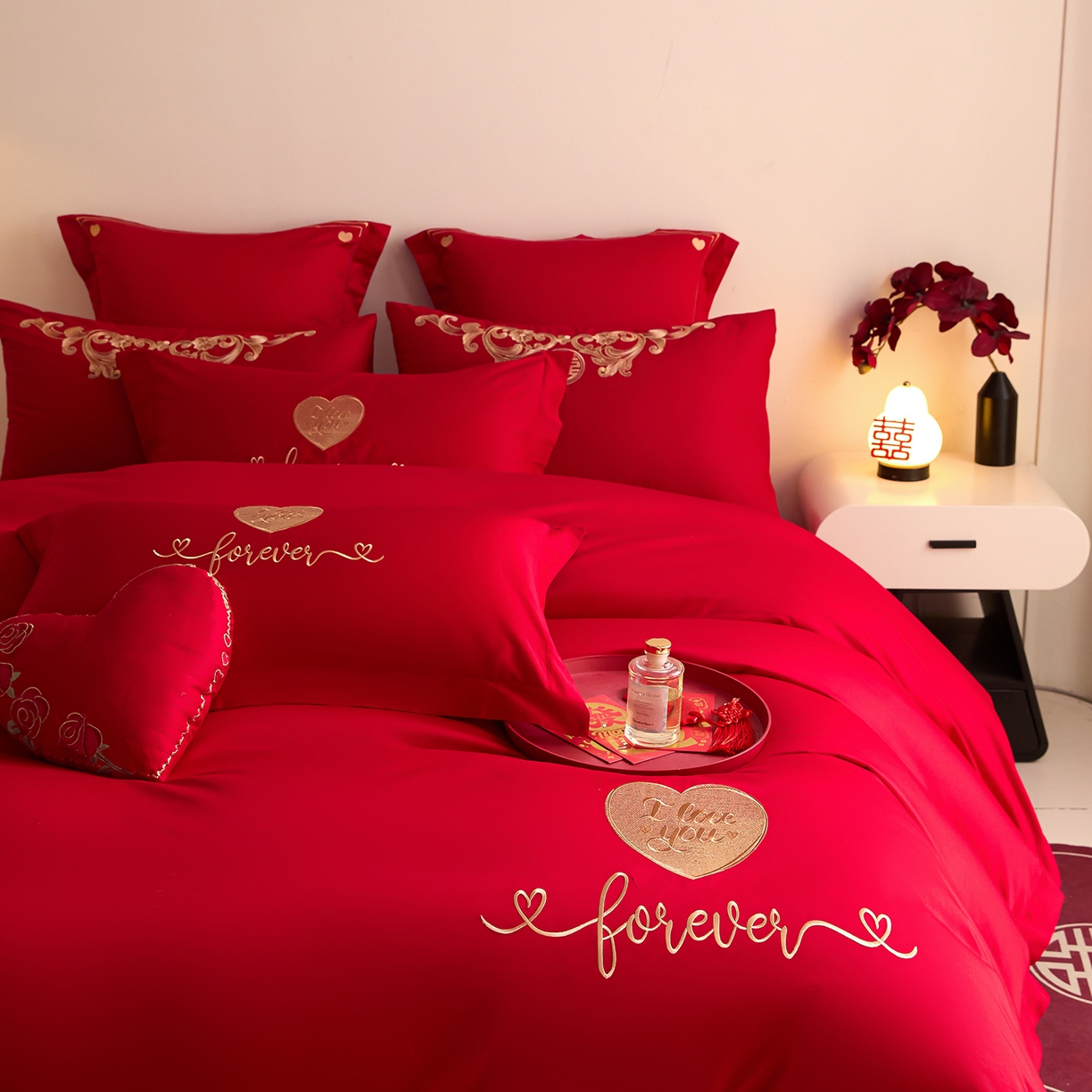 91家纺网 家纺一手货源 找家纺 东方合美（原：皇家传奇） 2025新款长绒棉纯棉婚庆刺绣小红书系列四件套 结婚了