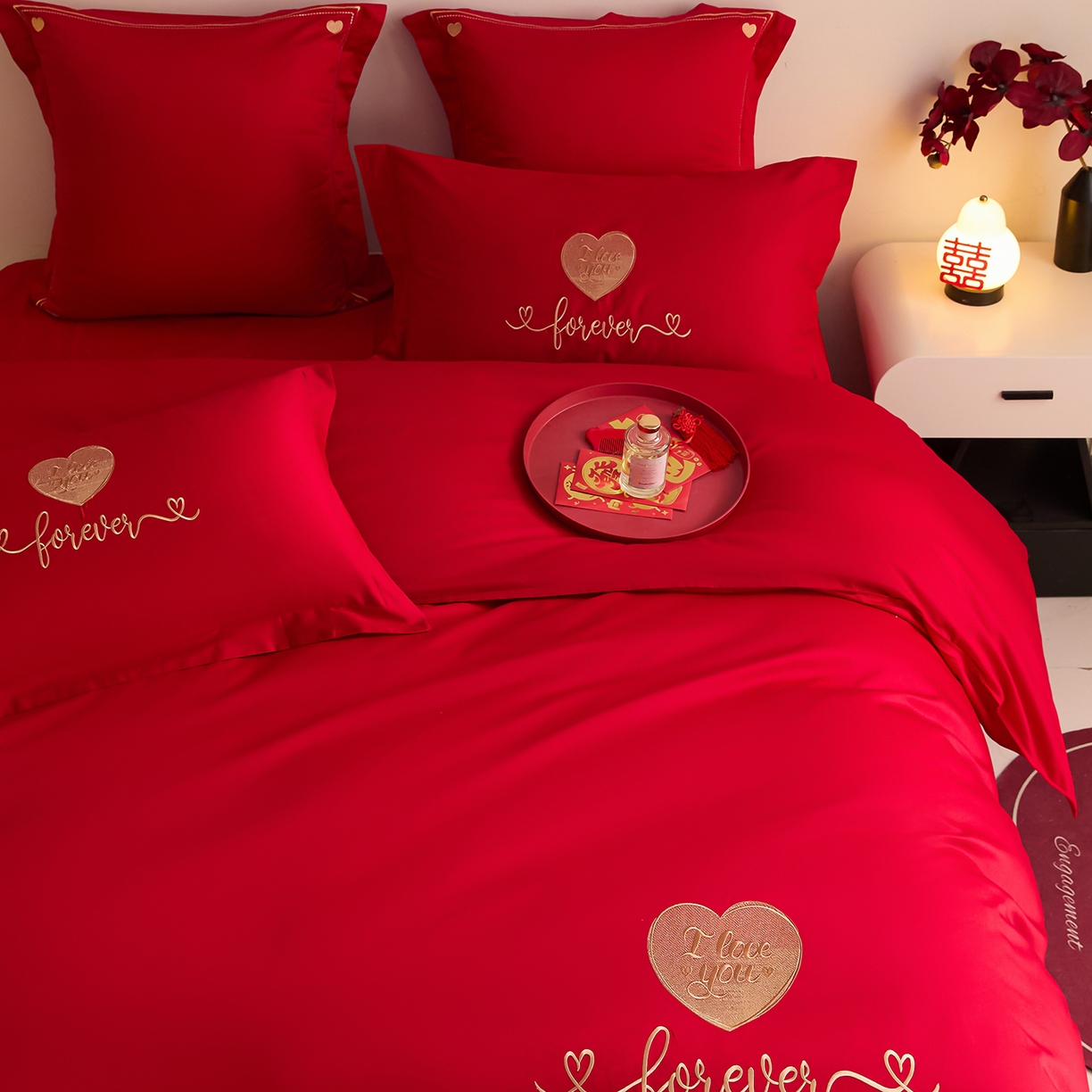 91家纺网 家纺一手货源 找家纺 东方合美（原：皇家传奇） 2025新款长绒棉纯棉婚庆刺绣小红书系列四件套 结婚了