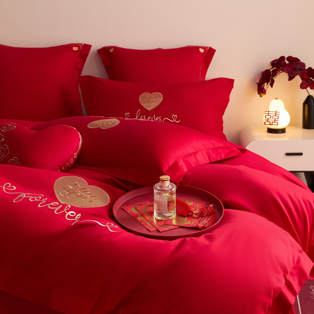 91家纺网 家纺一手货源 找家纺 东方合美（原：皇家传奇） 2025新款长绒棉纯棉婚庆刺绣小红书系列四件套 结婚了