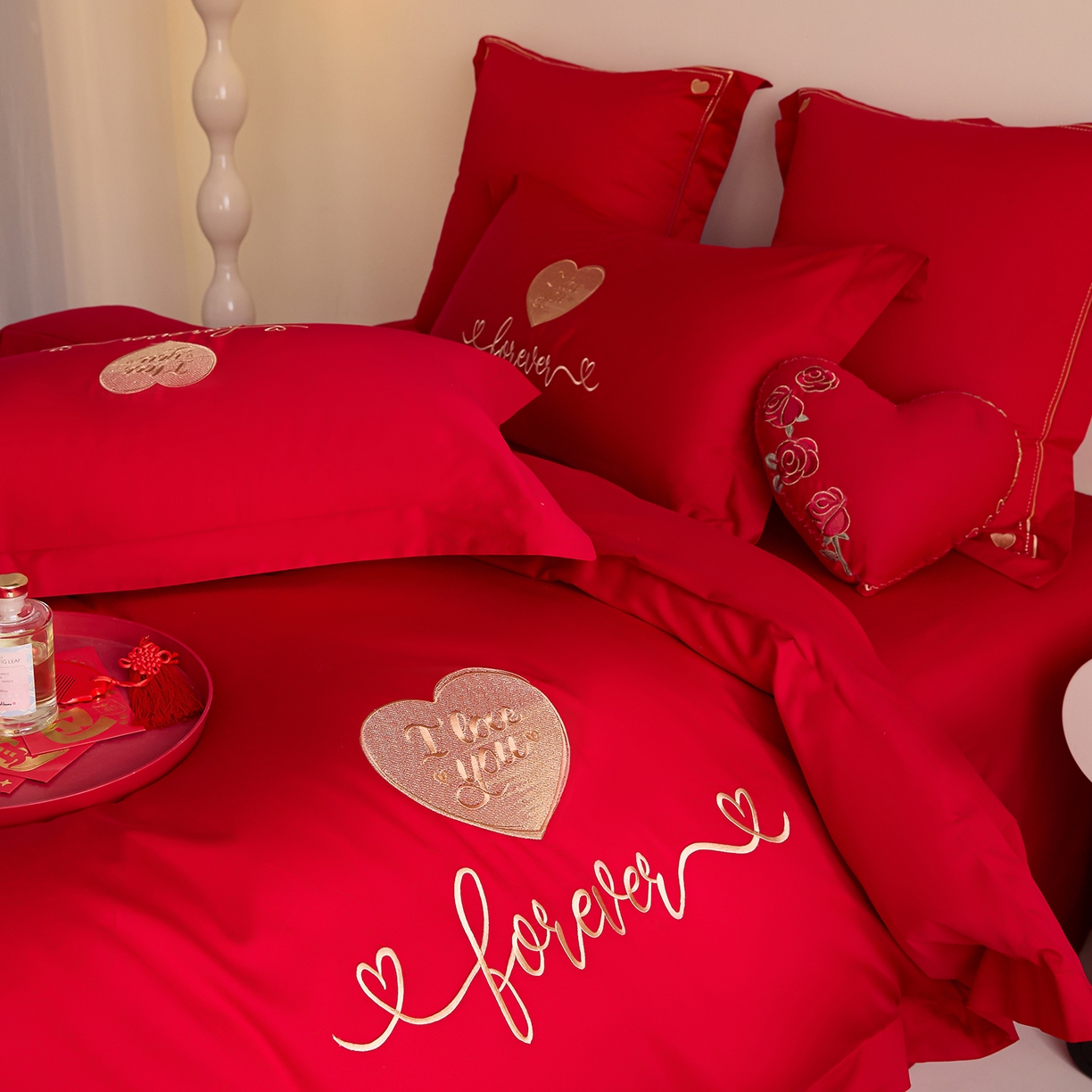 91家纺网 家纺一手货源 找家纺 东方合美（原：皇家传奇） 2025新款长绒棉纯棉婚庆刺绣小红书系列四件套 结婚了