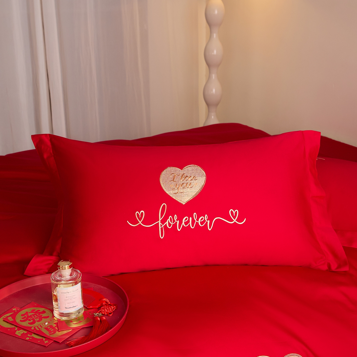 91家纺网 家纺一手货源 找家纺 东方合美（原：皇家传奇） 2025新款长绒棉纯棉婚庆刺绣小红书系列四件套 结婚了