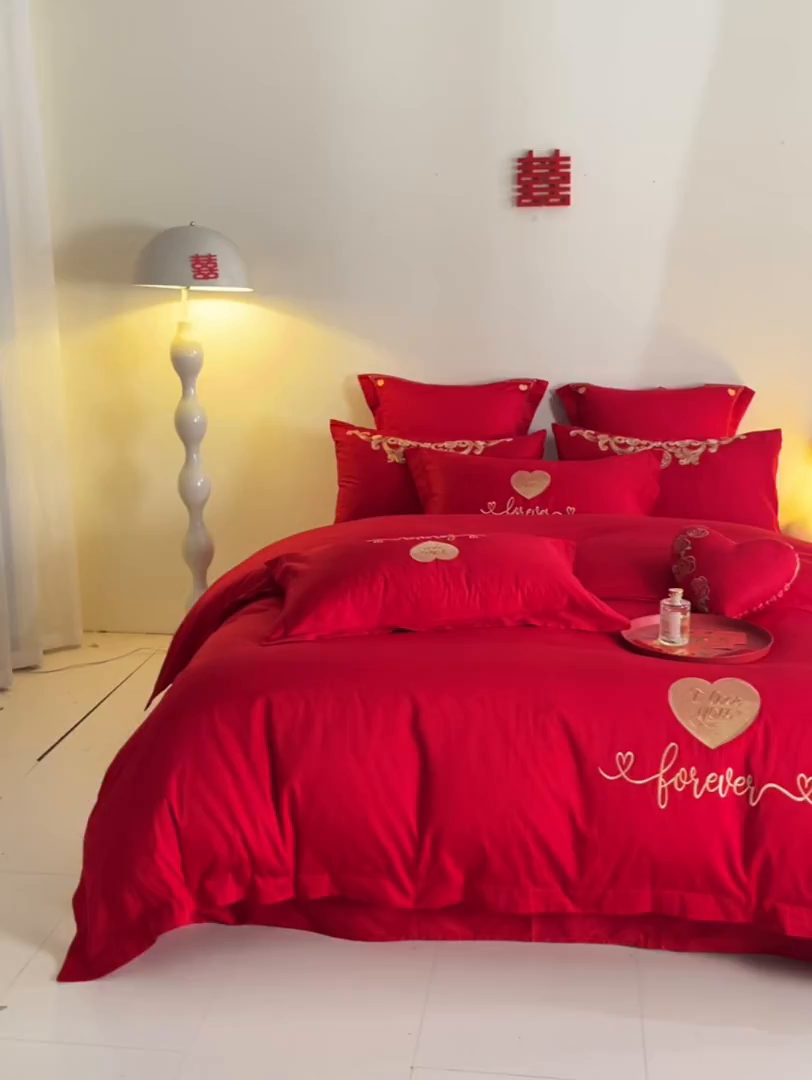 91家纺网 家纺一手货源 找家纺 东方合美（原：皇家传奇） 2025新款长绒棉纯棉婚庆刺绣小红书系列四件套 结婚了