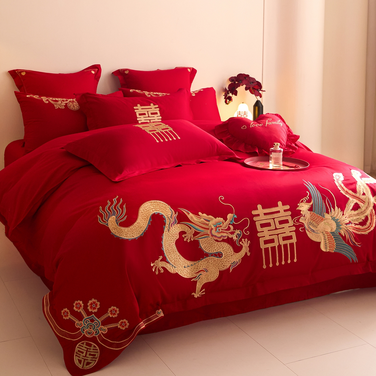 91家纺网 家纺一手货源 找家纺 东方合美（原：皇家传奇） 2025新款长绒棉纯棉婚庆刺绣小红书系列四件套 龙凤大喜