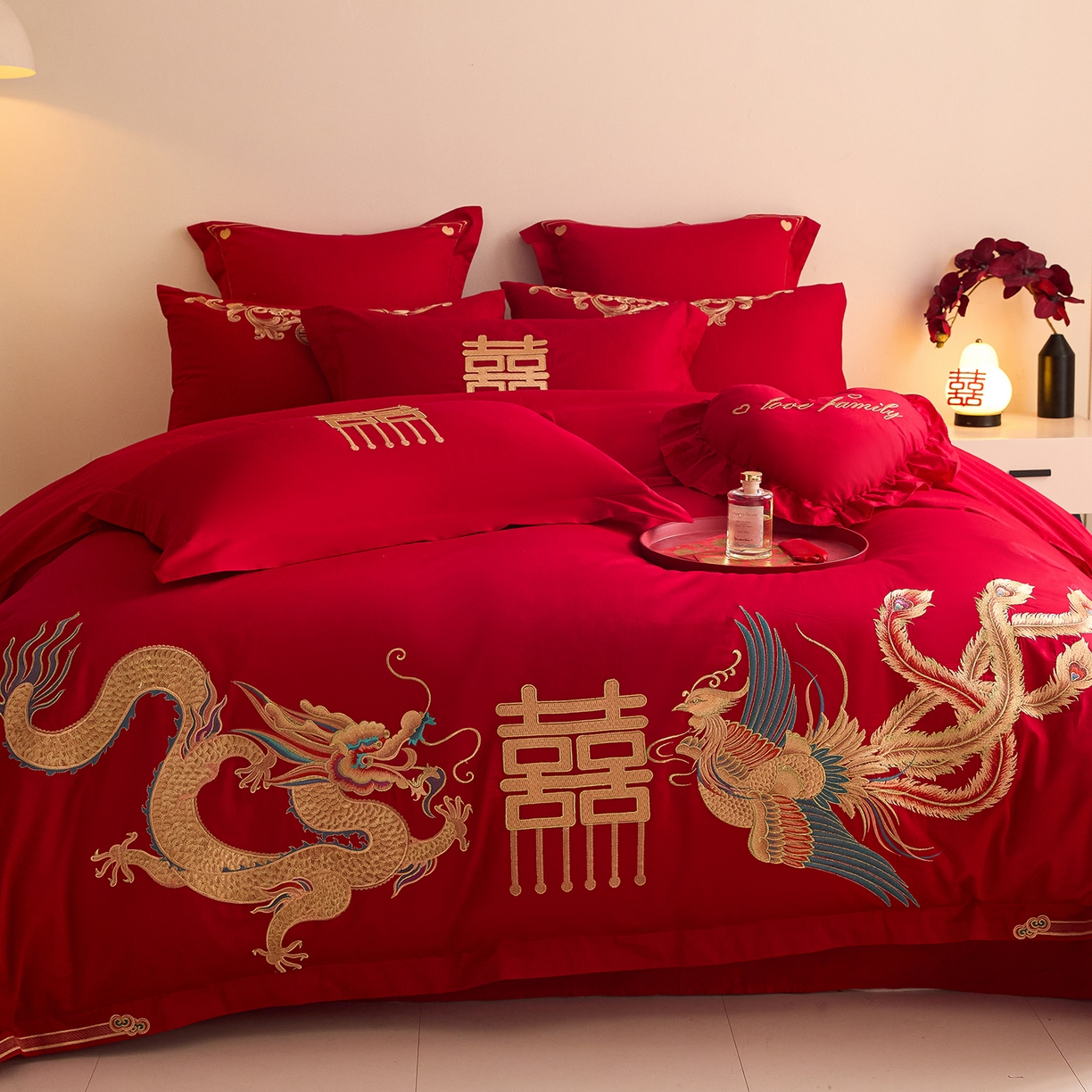 91家纺网 家纺一手货源 找家纺 东方合美（原：皇家传奇） 2025新款长绒棉纯棉婚庆刺绣小红书系列四件套 龙凤大喜