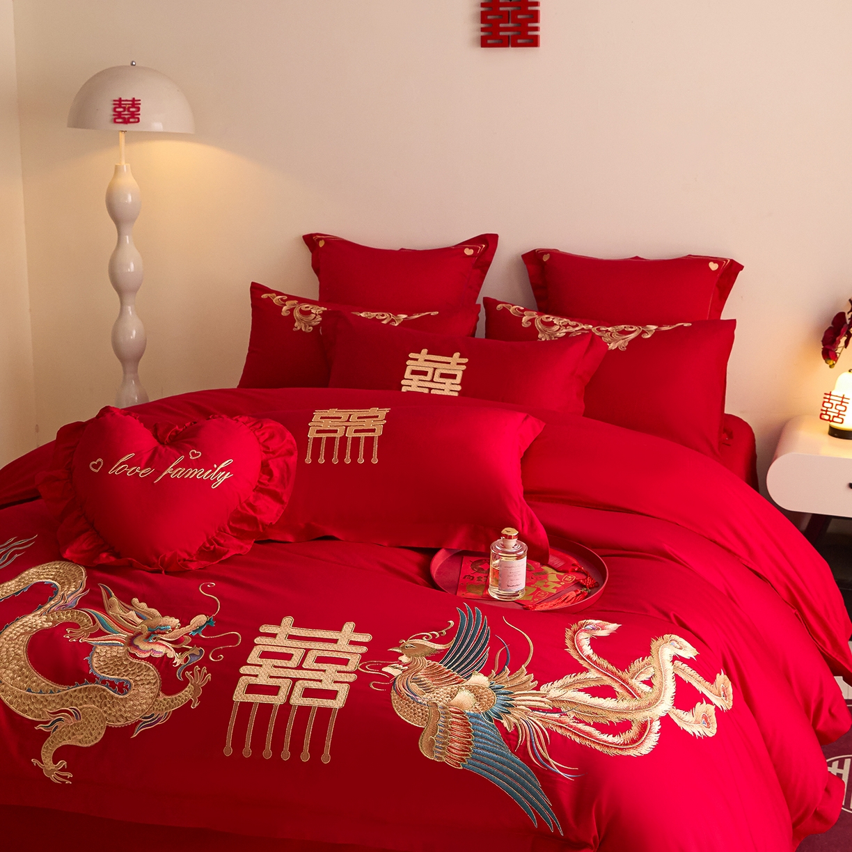91家纺网 家纺一手货源 找家纺 东方合美（原：皇家传奇） 2025新款长绒棉纯棉婚庆刺绣小红书系列四件套 龙凤大喜