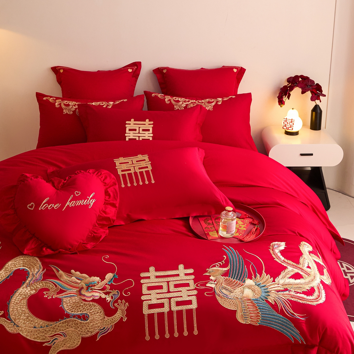 91家纺网 家纺一手货源 找家纺 东方合美（原：皇家传奇） 2025新款长绒棉纯棉婚庆刺绣小红书系列四件套 龙凤大喜