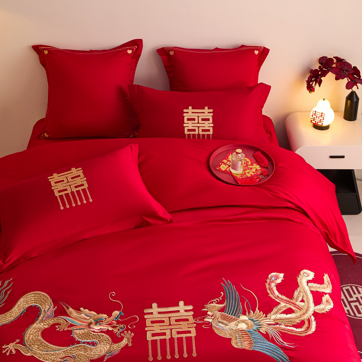 91家纺网 家纺一手货源 找家纺 东方合美（原：皇家传奇） 2025新款长绒棉纯棉婚庆刺绣小红书系列四件套 龙凤大喜