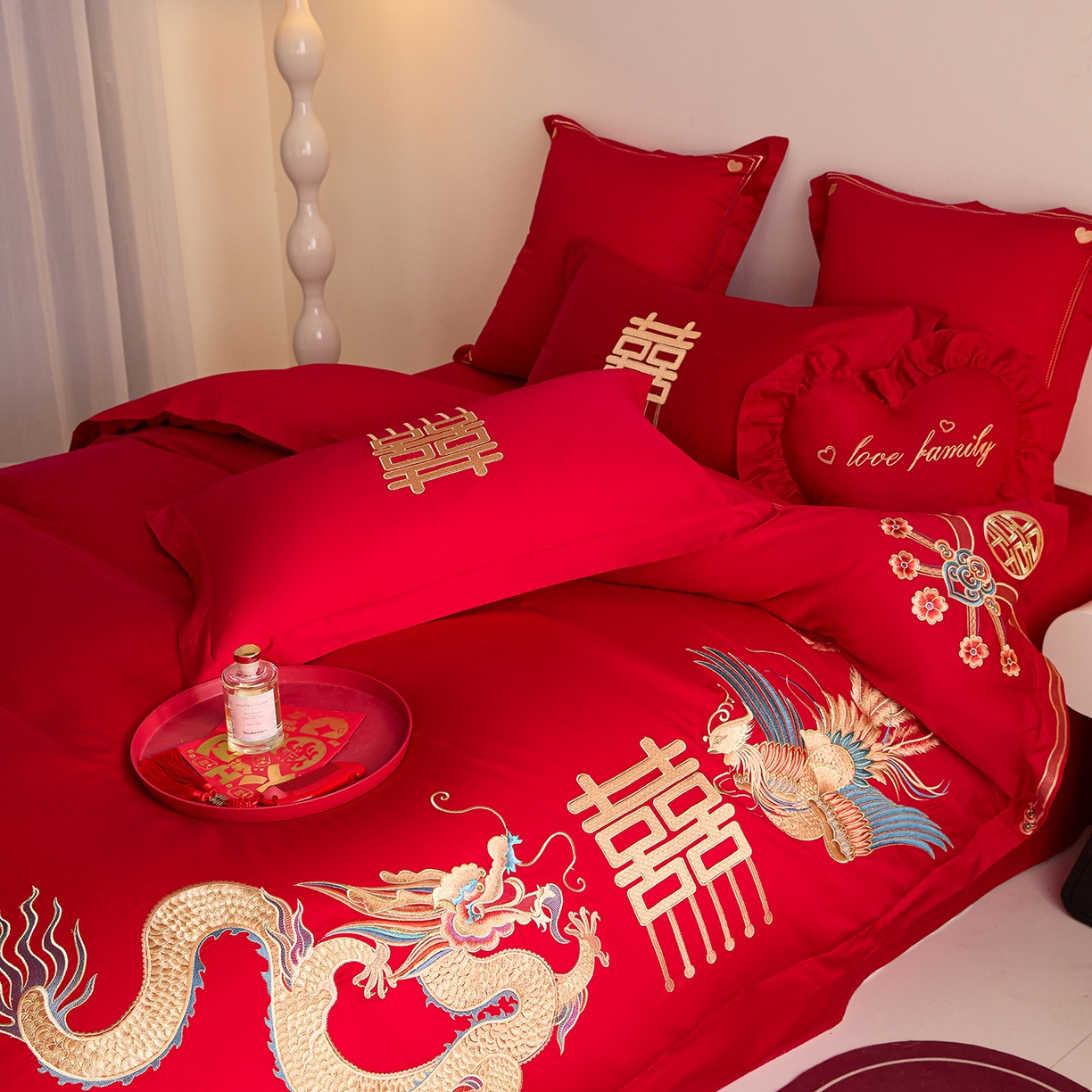 91家纺网 家纺一手货源 找家纺 东方合美（原：皇家传奇） 2025新款长绒棉纯棉婚庆刺绣小红书系列四件套 龙凤大喜