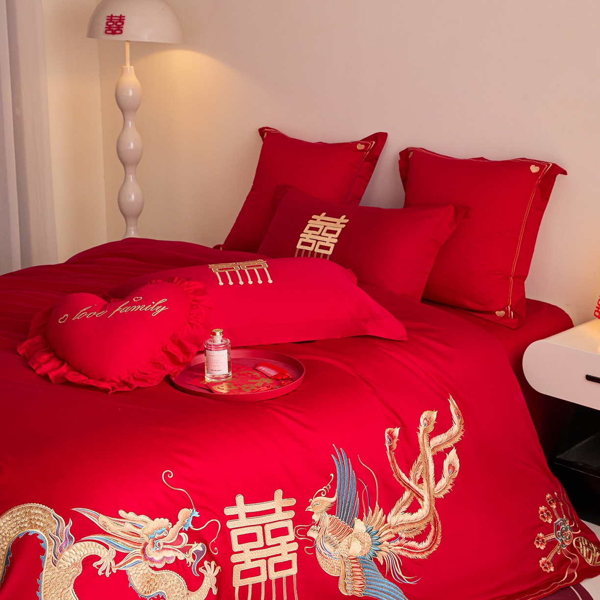 91家纺网 家纺一手货源 找家纺 东方合美（原：皇家传奇） 2025新款长绒棉纯棉婚庆刺绣小红书系列四件套 龙凤大喜