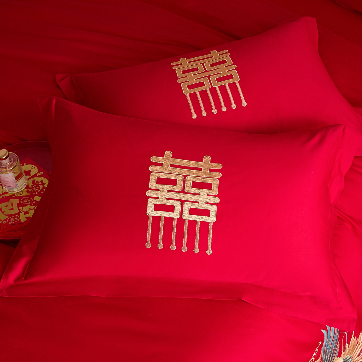 91家纺网 家纺一手货源 找家纺 东方合美（原：皇家传奇） 2025新款长绒棉纯棉婚庆刺绣小红书系列四件套 龙凤大喜