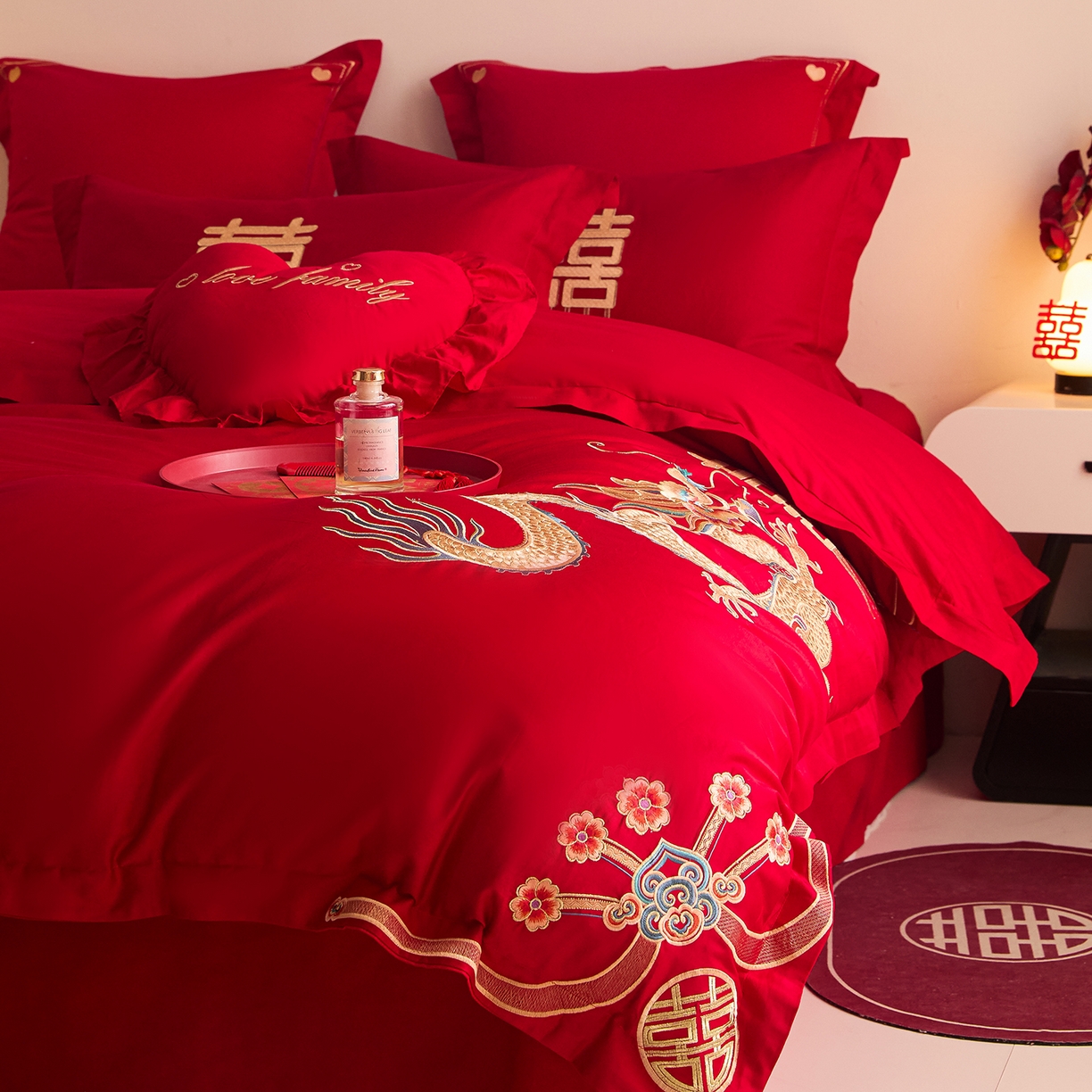 91家纺网 家纺一手货源 找家纺 东方合美（原：皇家传奇） 2025新款长绒棉纯棉婚庆刺绣小红书系列四件套 龙凤大喜