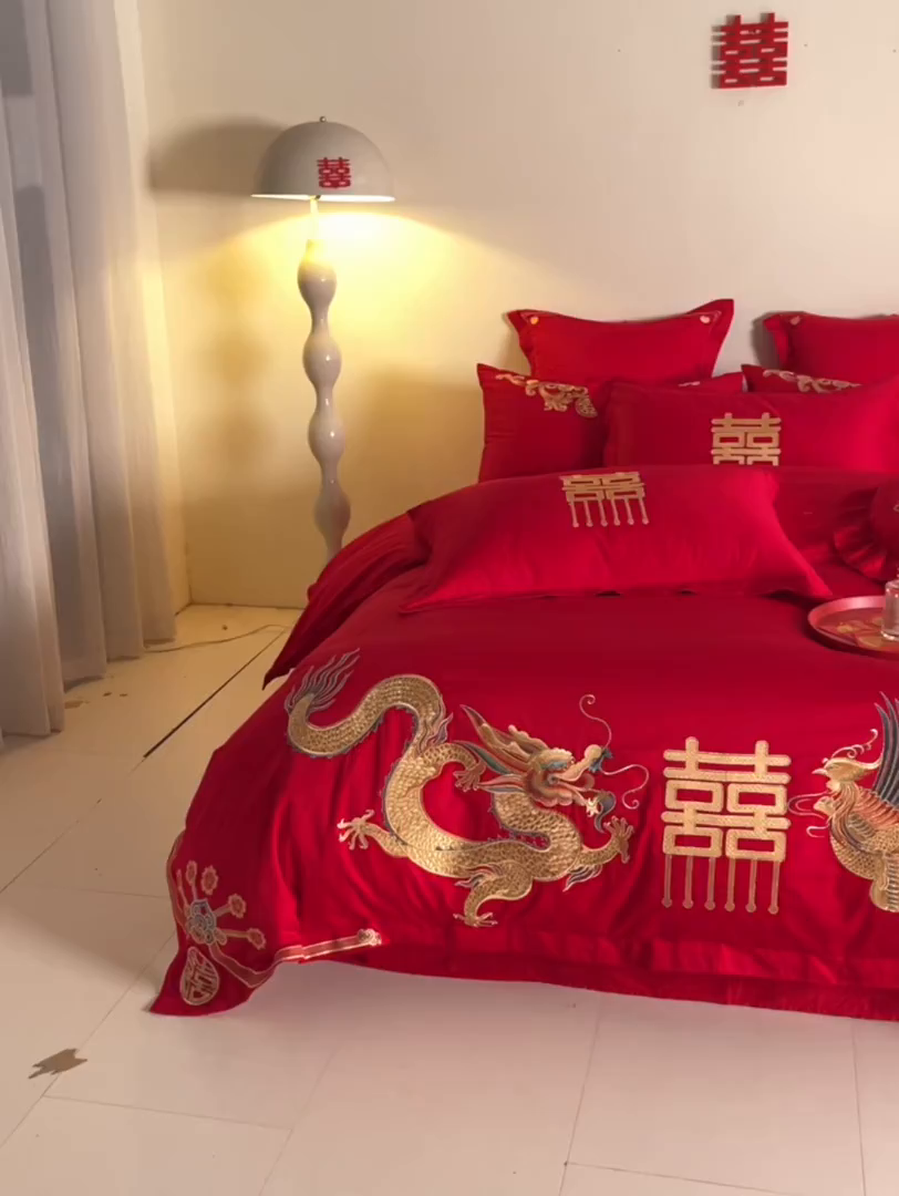 91家纺网 家纺一手货源 找家纺 东方合美（原：皇家传奇） 2025新款长绒棉纯棉婚庆刺绣小红书系列四件套 龙凤大喜