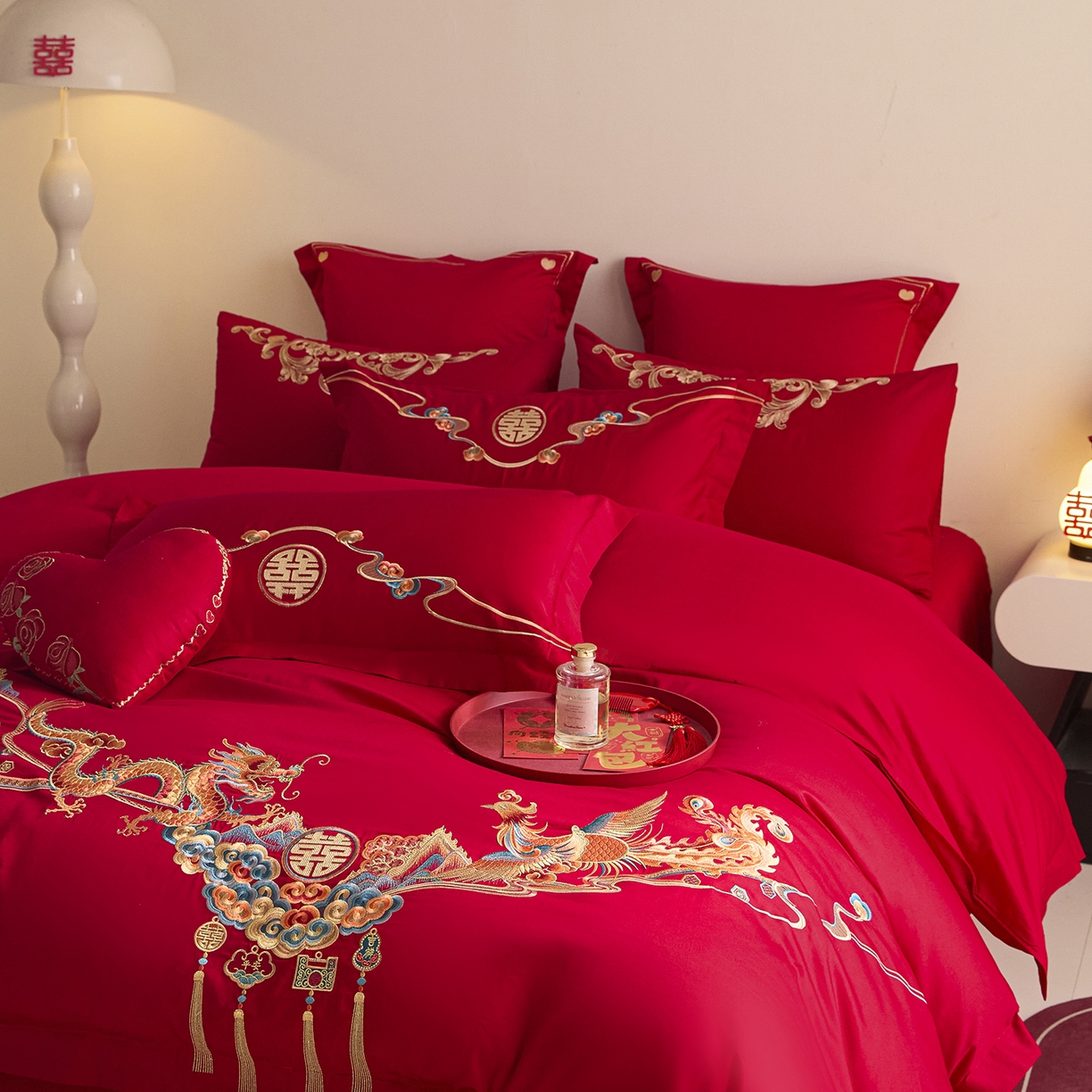 91家纺网 家纺一手货源 找家纺 东方合美（原：皇家传奇） 2025新款长绒棉纯棉婚庆刺绣小红书系列四件套 龙凤佳人
