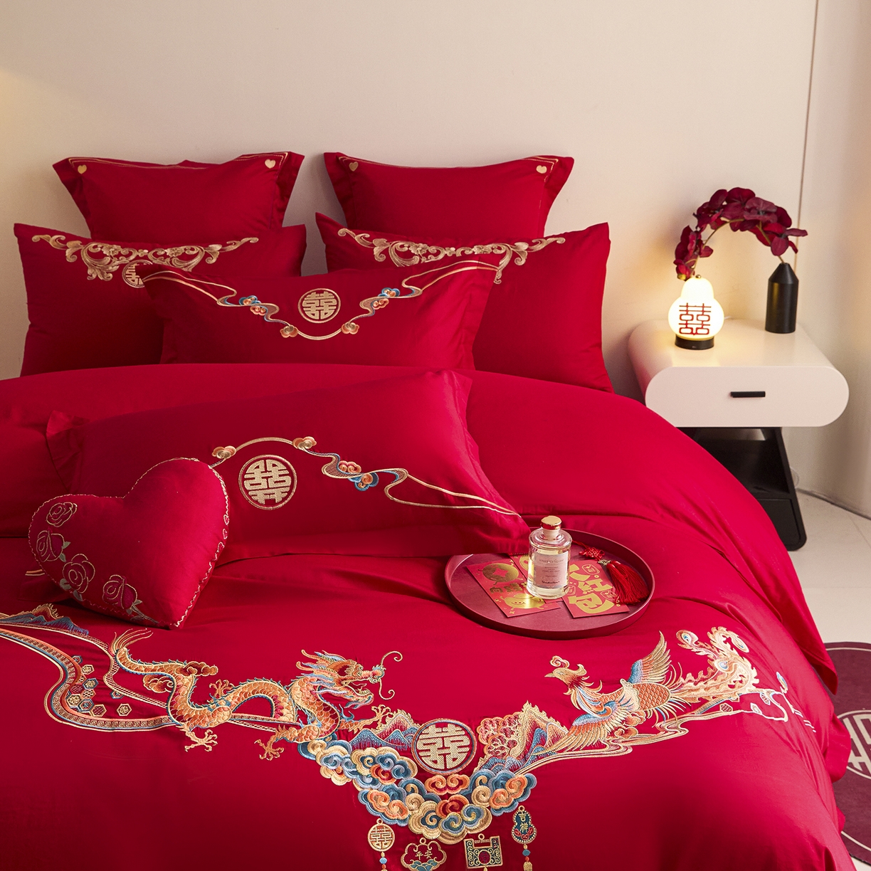 91家纺网 家纺一手货源 找家纺 东方合美（原：皇家传奇） 2025新款长绒棉纯棉婚庆刺绣小红书系列四件套 龙凤佳人