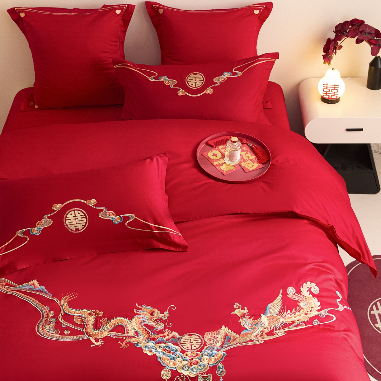 91家纺网 家纺一手货源 找家纺 东方合美（原：皇家传奇） 2025新款长绒棉纯棉婚庆刺绣小红书系列四件套 龙凤佳人