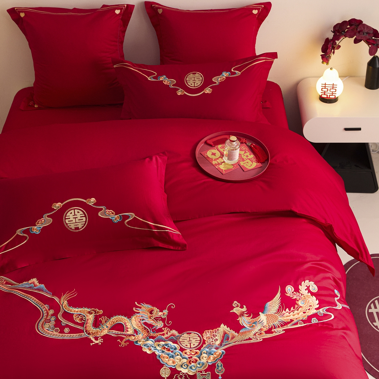 91家纺网 家纺一手货源 找家纺 东方合美（原：皇家传奇） 2025新款长绒棉纯棉婚庆刺绣小红书系列四件套 龙凤佳人