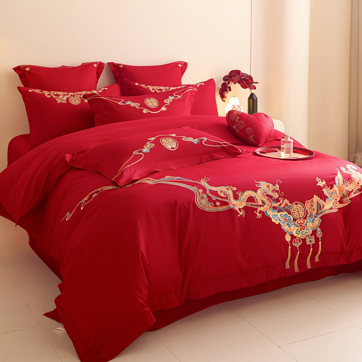 91家纺网 家纺一手货源 找家纺 东方合美（原：皇家传奇） 2025新款长绒棉纯棉婚庆刺绣小红书系列四件套 龙凤佳人