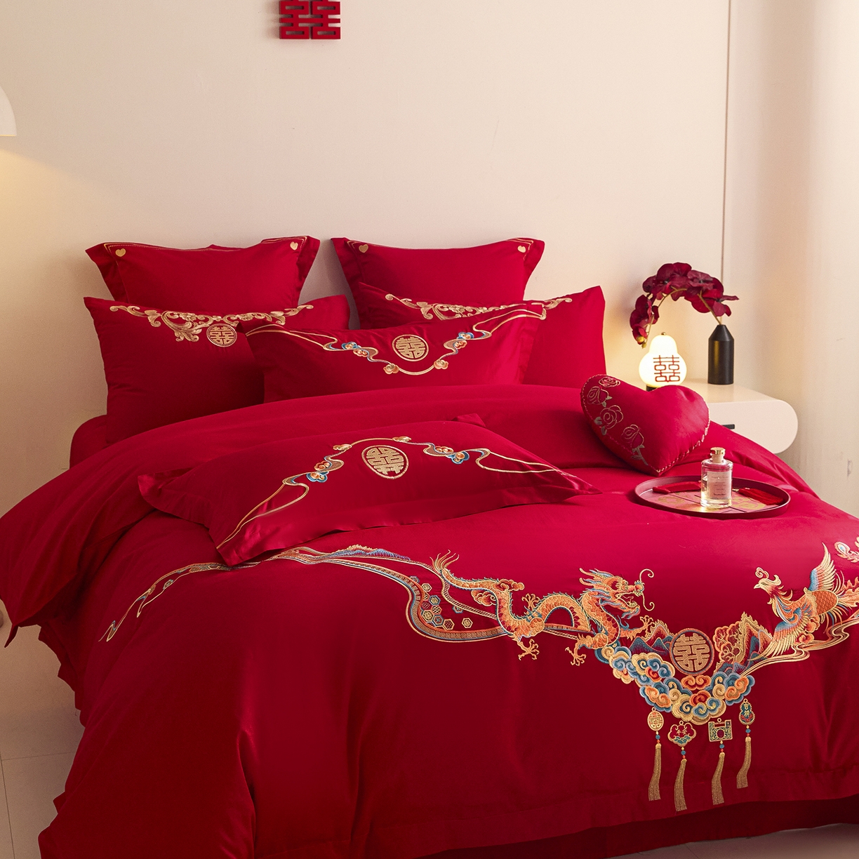 91家纺网 家纺一手货源 找家纺 东方合美（原：皇家传奇） 2025新款长绒棉纯棉婚庆刺绣小红书系列四件套 龙凤佳人