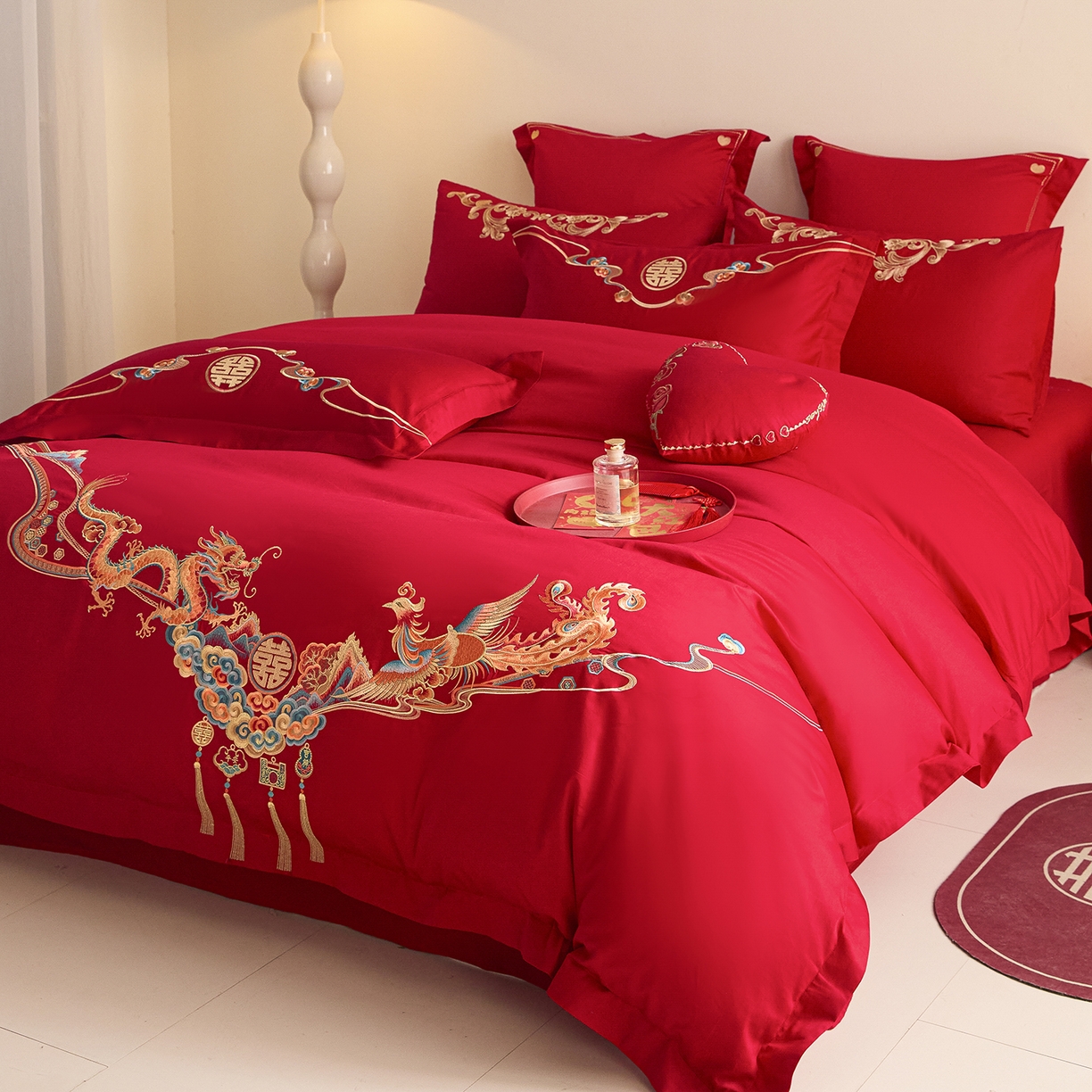 91家纺网 家纺一手货源 找家纺 东方合美（原：皇家传奇） 2025新款长绒棉纯棉婚庆刺绣小红书系列四件套 龙凤佳人