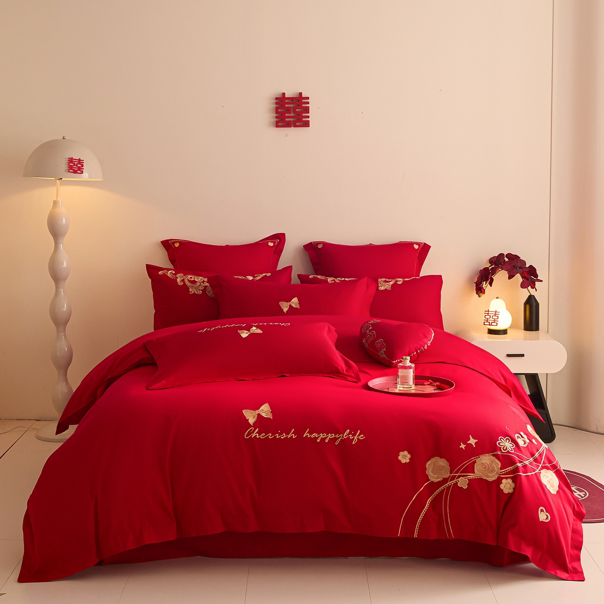 东方合美（原：皇家传奇） 2025新款长绒棉纯棉婚庆刺绣小红书系列四件套 玫瑰