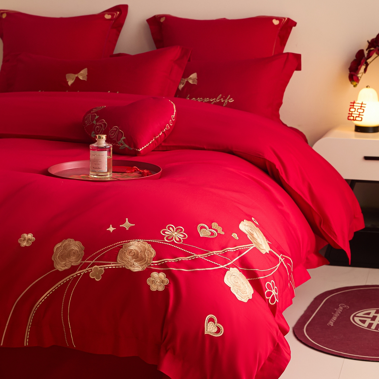 91家纺网 家纺一手货源 找家纺 东方合美（原：皇家传奇） 2025新款长绒棉纯棉婚庆刺绣小红书系列四件套 玫瑰