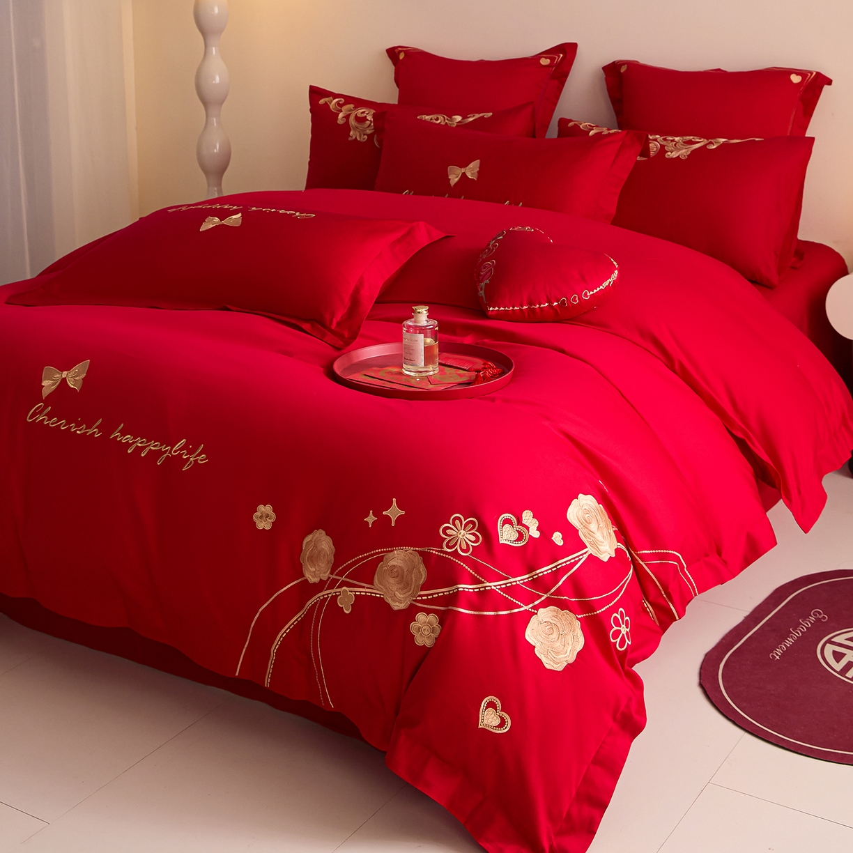 91家纺网 家纺一手货源 找家纺 东方合美（原：皇家传奇） 2025新款长绒棉纯棉婚庆刺绣小红书系列四件套 玫瑰