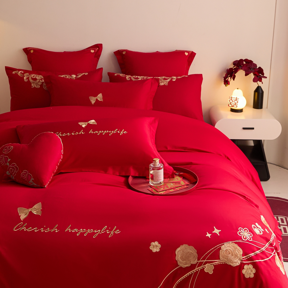 91家纺网 家纺一手货源 找家纺 东方合美（原：皇家传奇） 2025新款长绒棉纯棉婚庆刺绣小红书系列四件套 玫瑰