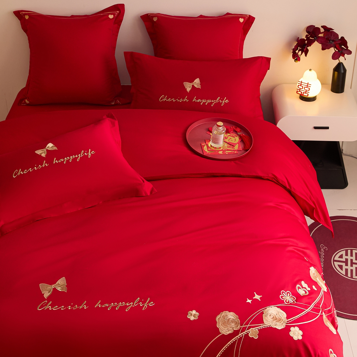 91家纺网 家纺一手货源 找家纺 东方合美（原：皇家传奇） 2025新款长绒棉纯棉婚庆刺绣小红书系列四件套 玫瑰