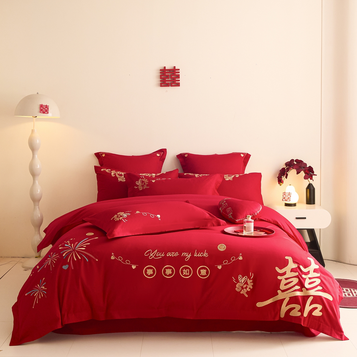 东方合美（原：皇家传奇） 2025新款长绒棉纯棉婚庆刺绣小红书系列四件套 十全十美