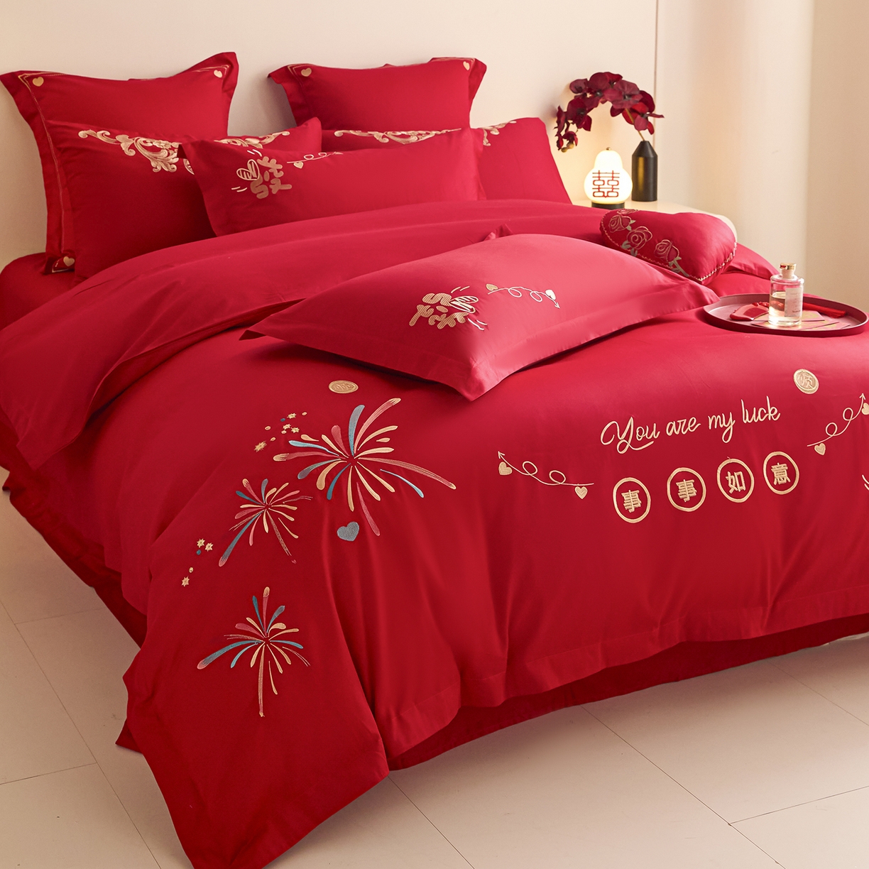 91家纺网 家纺一手货源 找家纺 东方合美（原：皇家传奇） 2025新款长绒棉纯棉婚庆刺绣小红书系列四件套 十全十美