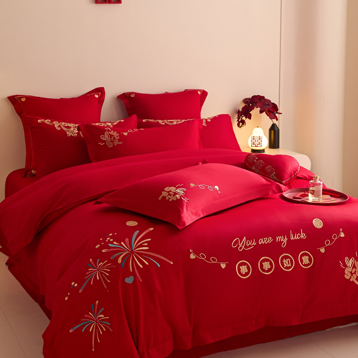 91家纺网 家纺一手货源 找家纺 东方合美（原：皇家传奇） 2025新款长绒棉纯棉婚庆刺绣小红书系列四件套 十全十美