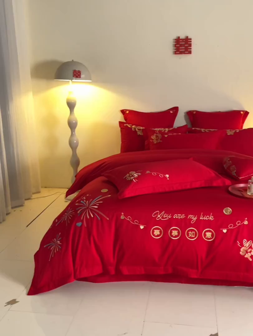 91家纺网 家纺一手货源 找家纺 东方合美（原：皇家传奇） 2025新款长绒棉纯棉婚庆刺绣小红书系列四件套 十全十美