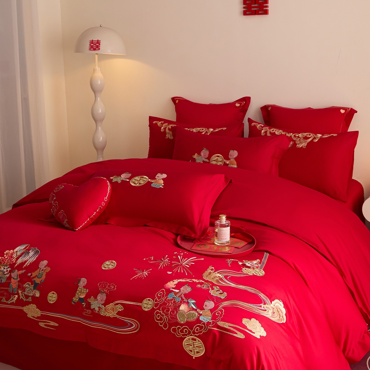 91家纺网 家纺一手货源 找家纺 东方合美（原：皇家传奇） 2025新款长绒棉纯棉婚庆刺绣小红书系列四件套 送福