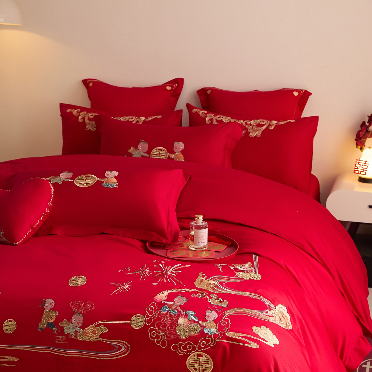 91家纺网 家纺一手货源 找家纺 东方合美（原：皇家传奇） 2025新款长绒棉纯棉婚庆刺绣小红书系列四件套 送福