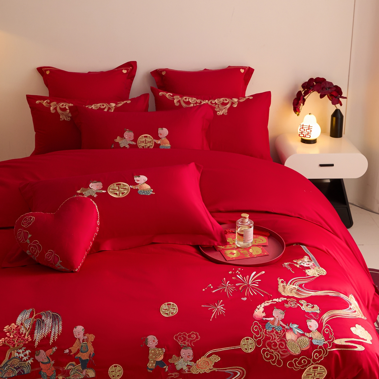 91家纺网 家纺一手货源 找家纺 东方合美（原：皇家传奇） 2025新款长绒棉纯棉婚庆刺绣小红书系列四件套 送福
