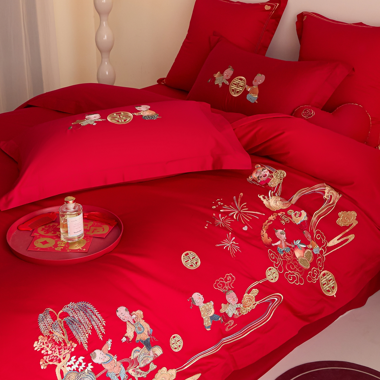 91家纺网 家纺一手货源 找家纺 东方合美（原：皇家传奇） 2025新款长绒棉纯棉婚庆刺绣小红书系列四件套 送福