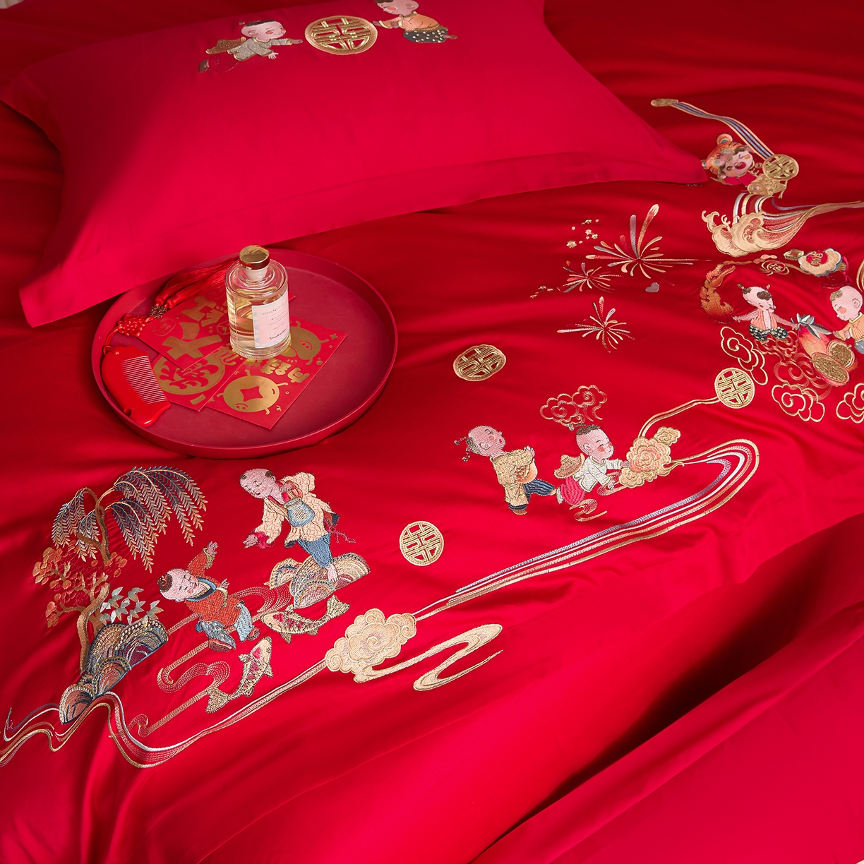 91家纺网 家纺一手货源 找家纺 东方合美（原：皇家传奇） 2025新款长绒棉纯棉婚庆刺绣小红书系列四件套 送福