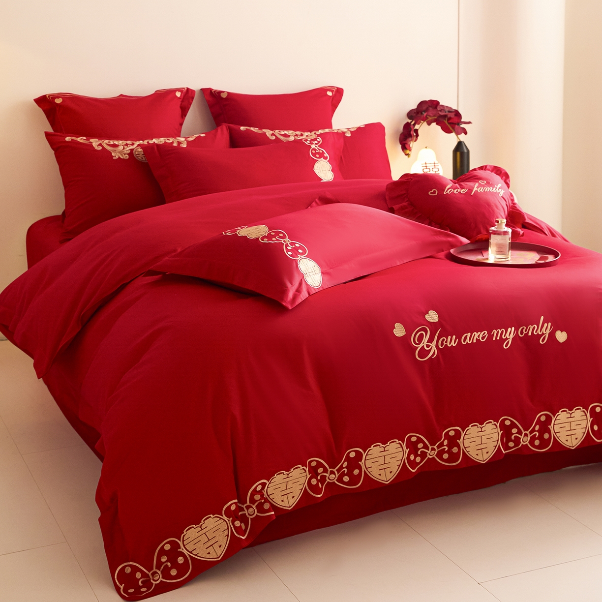 91家纺网 家纺一手货源 找家纺 东方合美（原：皇家传奇） 2025新款长绒棉纯棉婚庆刺绣小红书系列四件套 甜