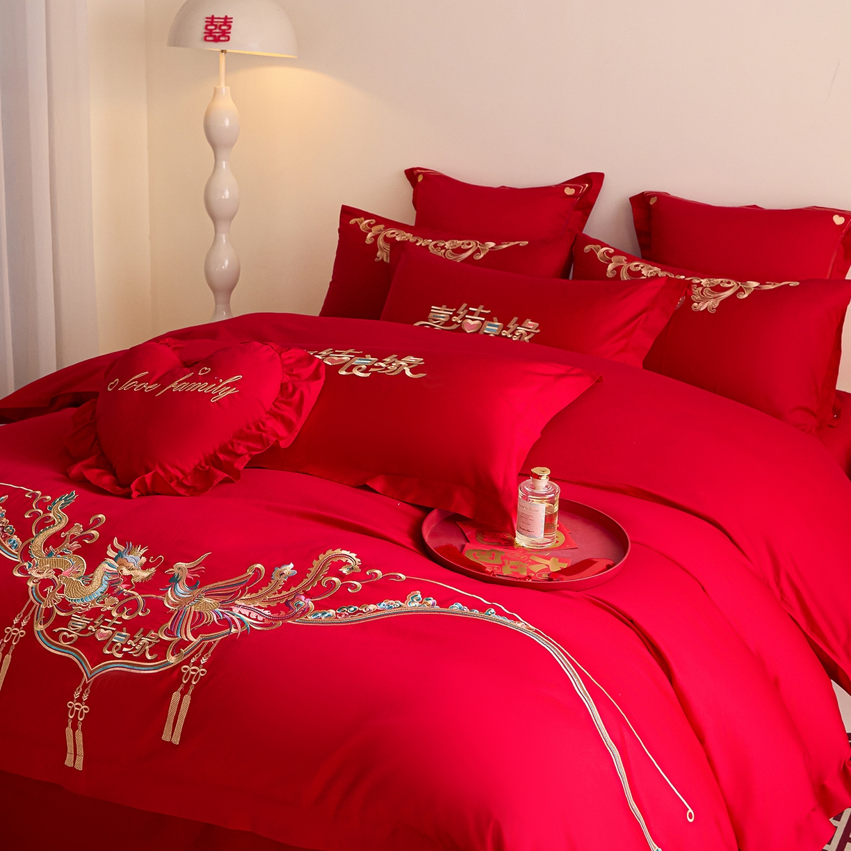 91家纺网 家纺一手货源 找家纺 东方合美（原：皇家传奇） 2025新款长绒棉纯棉婚庆刺绣小红书系列四件套 喜乐龙凤