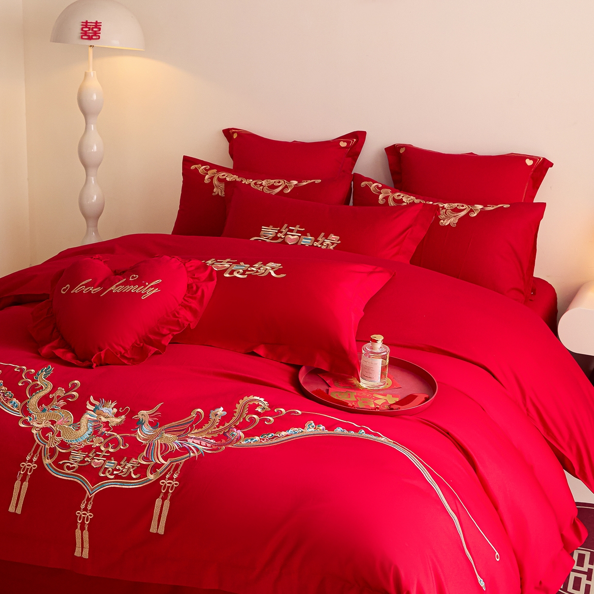 91家纺网 家纺一手货源 找家纺 东方合美（原：皇家传奇） 2025新款长绒棉纯棉婚庆刺绣小红书系列四件套 喜乐龙凤