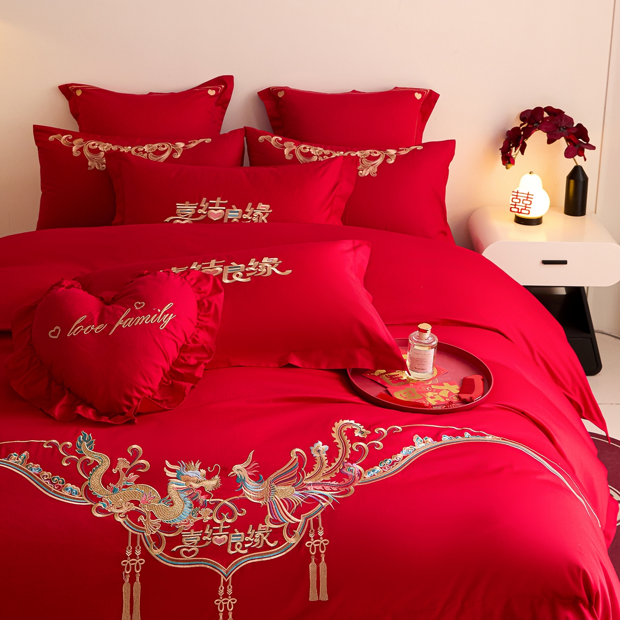 91家纺网 家纺一手货源 找家纺 东方合美（原：皇家传奇） 2025新款长绒棉纯棉婚庆刺绣小红书系列四件套 喜乐龙凤