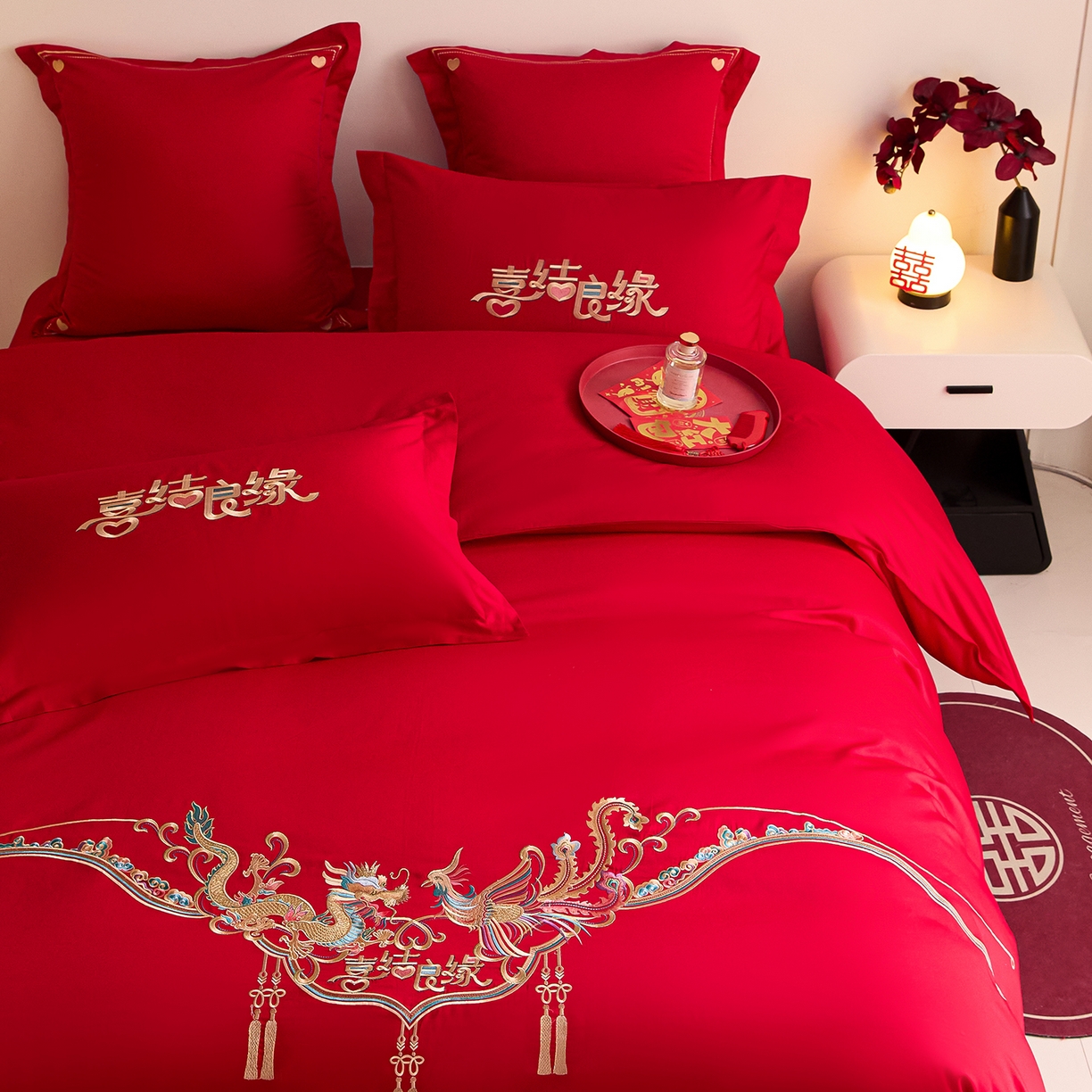 91家纺网 家纺一手货源 找家纺 东方合美（原：皇家传奇） 2025新款长绒棉纯棉婚庆刺绣小红书系列四件套 喜乐龙凤
