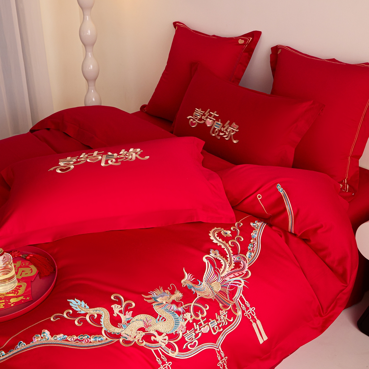 91家纺网 家纺一手货源 找家纺 东方合美（原：皇家传奇） 2025新款长绒棉纯棉婚庆刺绣小红书系列四件套 喜乐龙凤